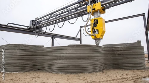 3D construction printer extruding concrete layer by layer to build a wall on an outdoor job site
