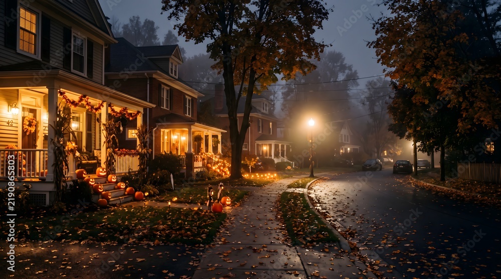Fototapeta premium Suburban neighborhood street decorated with glowing jackolanterns and autumn foliage under a thick evening misty fog