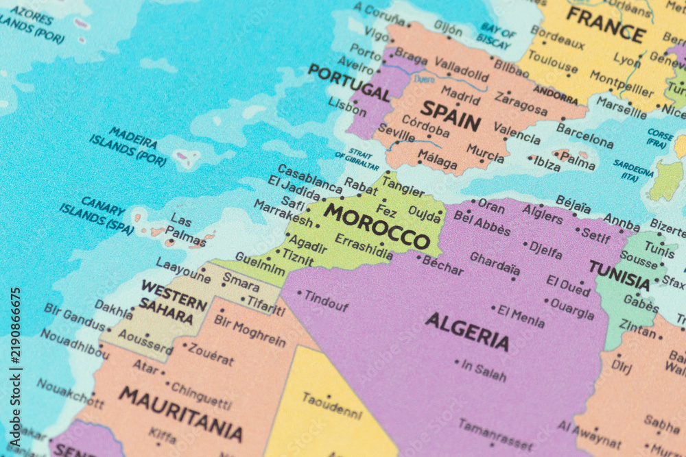 Obraz premium Close up view of morocco on a modern political world map