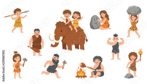 Prehistoric caveman vector character set featuring primitive stone age people hunting cooking riding mammoth and painting