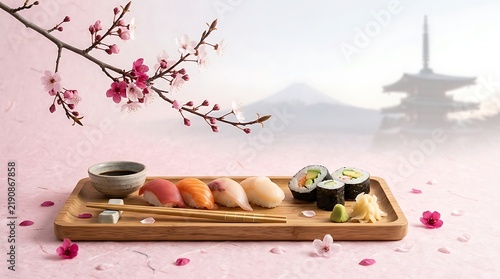 sushi on bamboo mat  with landscape japanese themed background