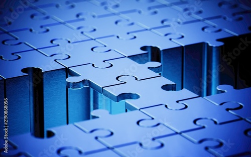 Blue metallic jigsaw puzzle with an abstract bridge over the empty space with missing pieces and bright reflections
