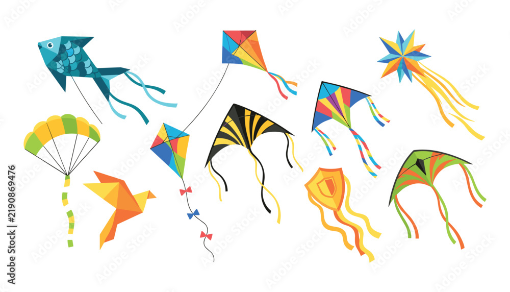 Fototapeta premium Colorful kites flying vector illustration set with various geometric shapes fish bird star and traditional kite designs