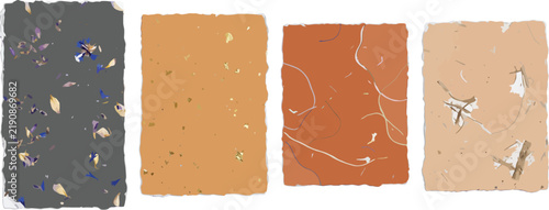 Four rectangular sheets of handmade paper with deckled edges, featuring embedded dried flower petals, organic fibers, and earthy textures