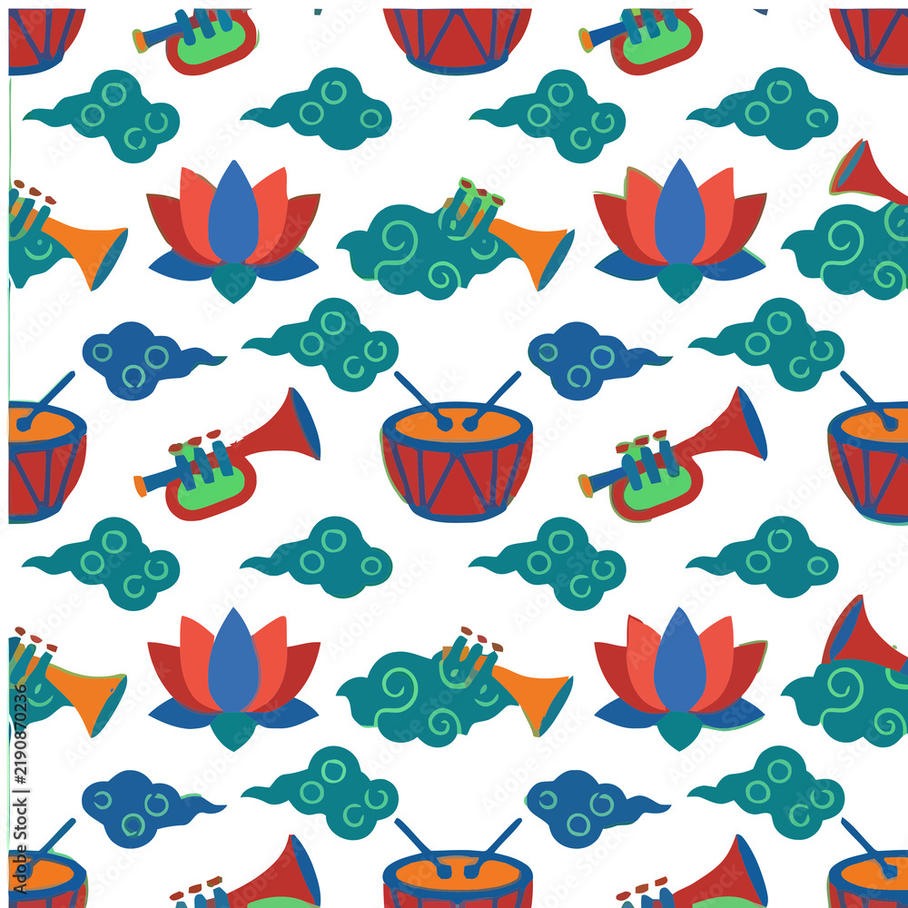 Obraz premium Seamless pattern of musical instruments and lotus flowers
