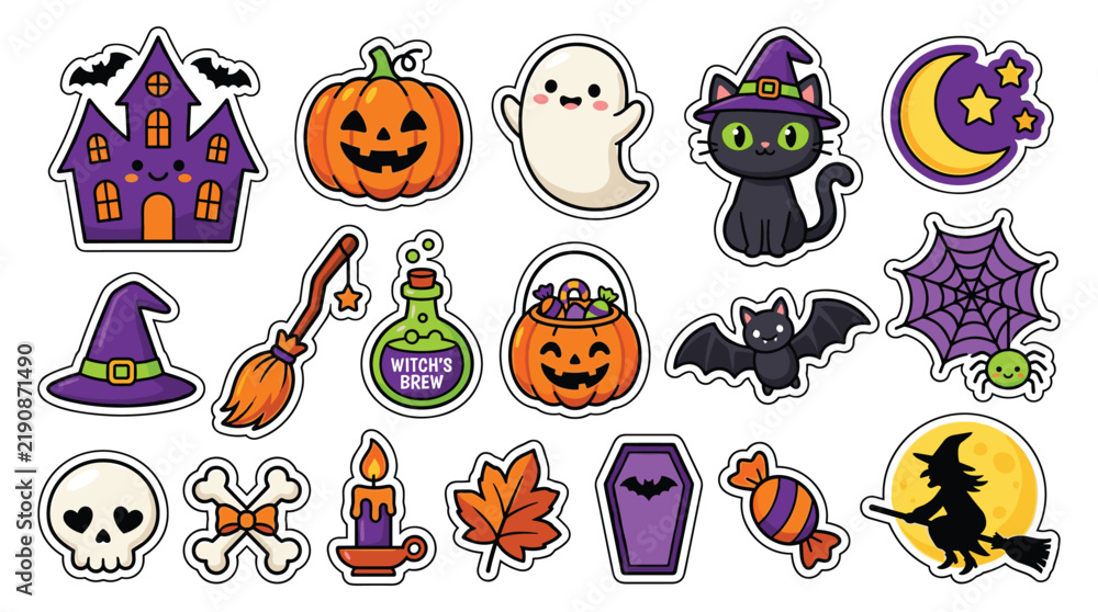 Fototapeta premium Halloween Seamless Pattern with Cartoon Pumpkins, Bats, Ghosts, Witches, Cats, Skulls and Spooky Icons for Autumn Holiday Celebration Vector Background