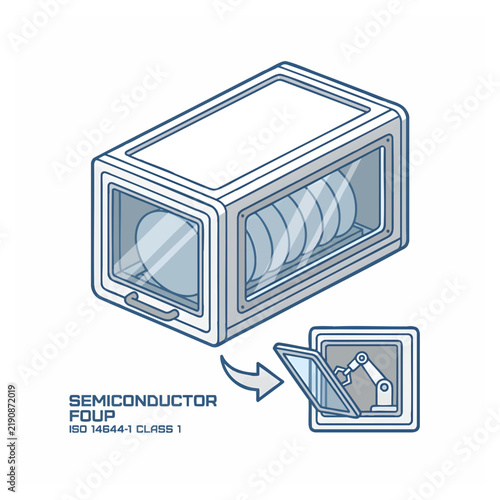 Isometric Semiconductor FOUP Pod with Silicon Wafers and Robotic Arm Technical Illustration
