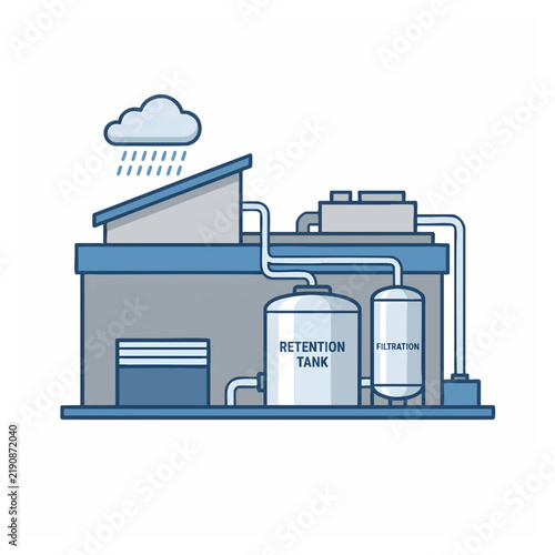 Rainwater Harvesting and Filtration System Diagram Concept Illustration