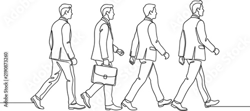 Line drawing of four businessmen walking in a row together.