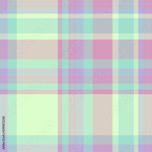 A seamless digital plaid pattern featuring soft pastel hues of mint, violet, and pink. This clean, geometric background evokes a nostalgic, springlike feel. No people. Ideal for fabric or web.