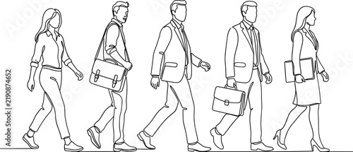 Line drawing of a group of professionals walking in profile.