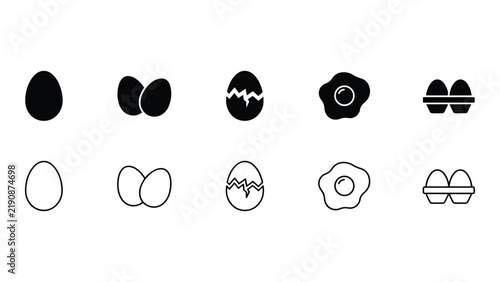 Egg Icons Set: A collection of stylized egg icons in black and white, depicting whole eggs, cracked eggs, fried eggs, and egg cartons, ideal for food-related graphic design.