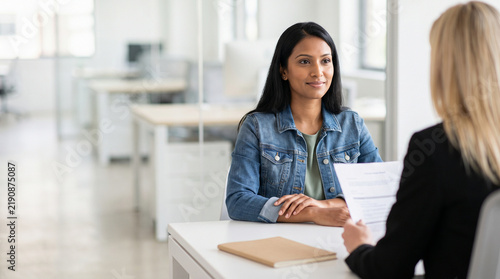 Over the Shoulder View of HR Manager Holding Resume Interviewing Confident Indian Woman Candidate in Denim Jacket for Job Recruitment in Modern Bright Open Plan Office Background