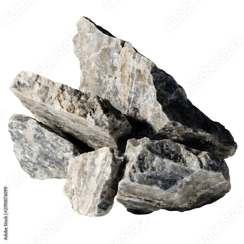 Group of natural grey granite rock fragments as PNG cutout