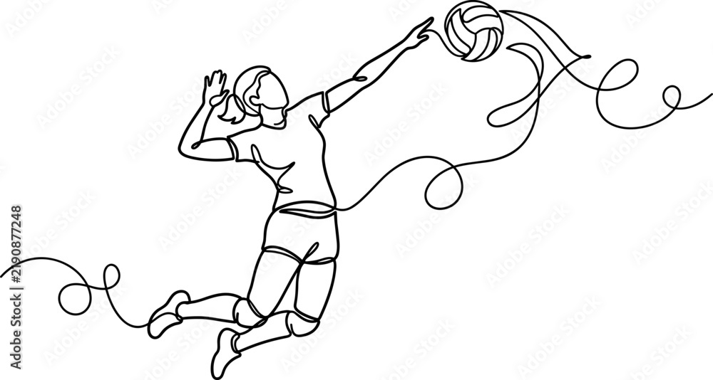 Obraz premium A continuous line art drawing of a female volleyball player midair striking a ball during a game.
