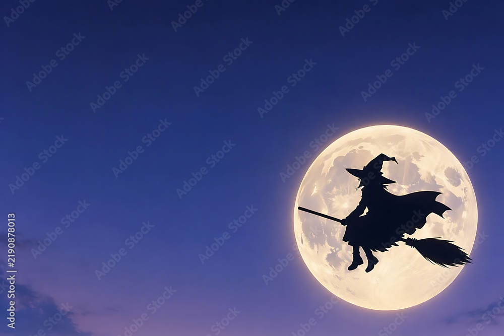 Fototapeta premium Anime Moonlit Witch Silhouette, Halloween Festival