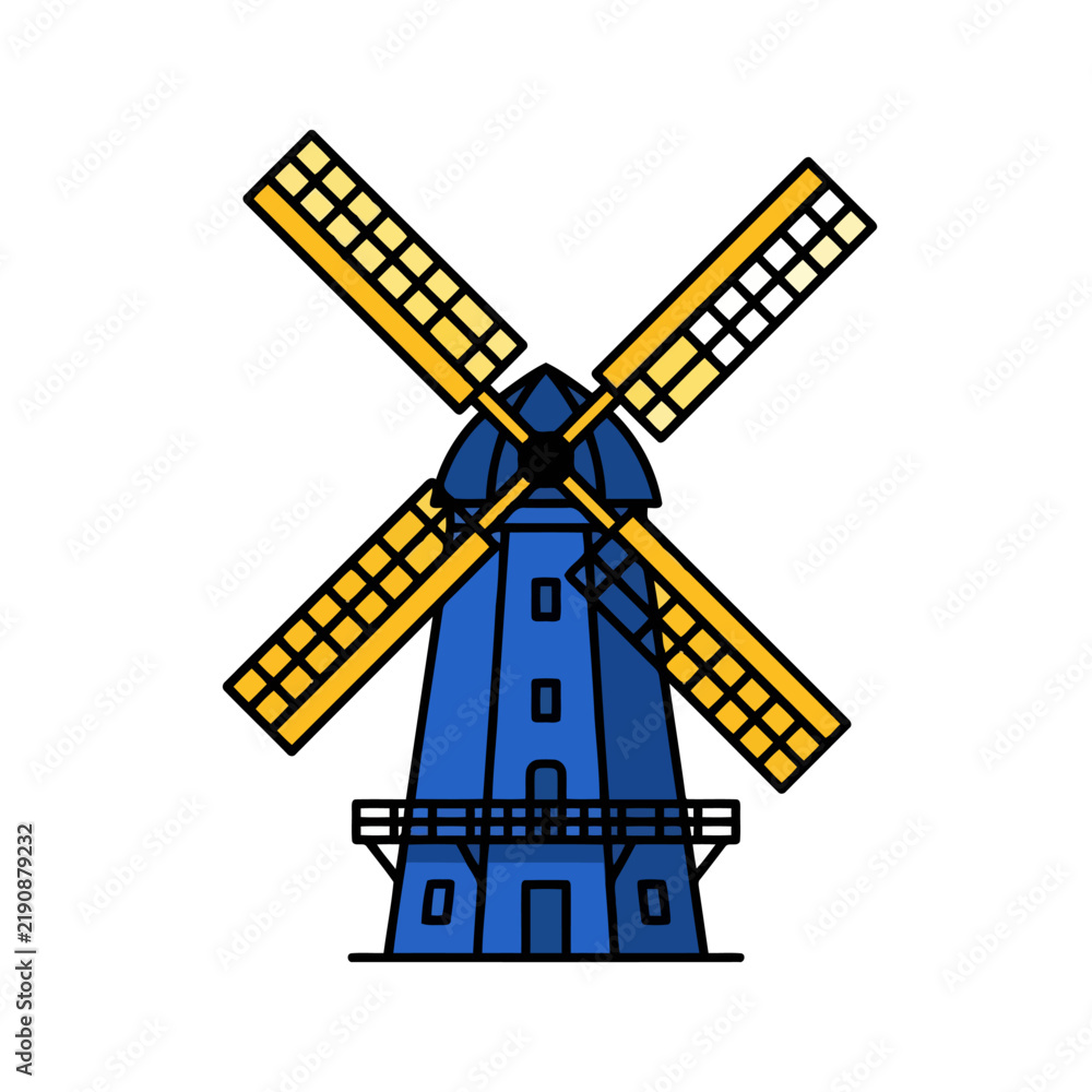 Fototapeta premium A Classic Blue Windmill Icon Design With Yellow Blades On A Transparent Background Vector Graphic