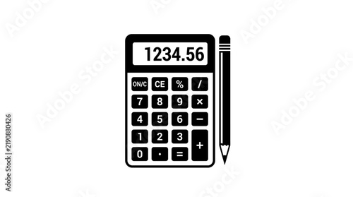 Black and white flat icon of a calculator and a pencil.