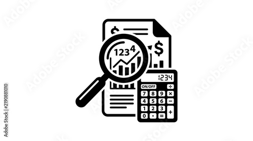 Black and white icon of financial audit with magnifying glass and calculator.