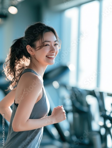 Plakat 笑顔の女性がジムでランニングマシンを使っている姿。健康的なライフスタイルやフィットネスのイメージに最適な素材