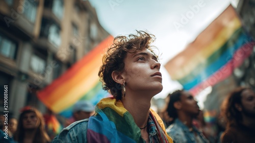 close up Group of young activist for lgbt rights with rainbow flag, lesbian, rainbow, freedom, diversity, bisexual, gay, celebration, community