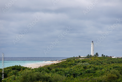 A lighthouse on the coast of a jungle island.