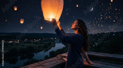 Woman releases glowing lantern into starry night sky over river valley and village