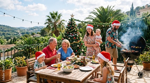 Multi generational family celebrating Christmas outdoors with a barbecue and decorated tree