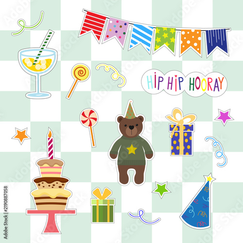 Cute birthday sticker set with teddy bear in party hat, cake with candle, gifts and bunting flags. Colorful cartoon elements with sweets and confetti on checkered background.