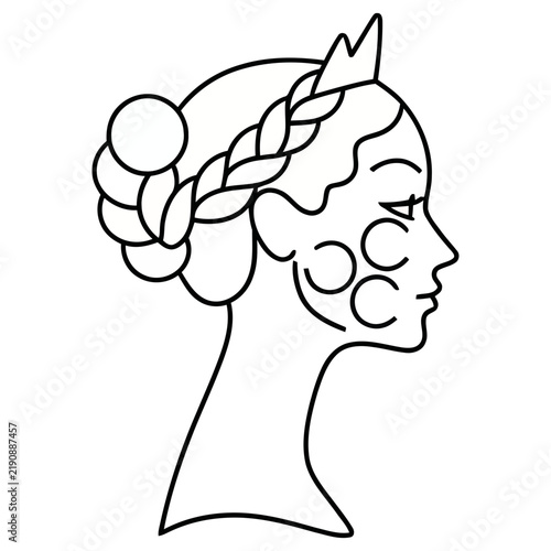 Profile of a woman with braided hair and facial circles