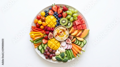 Vibrant Rainbow Fruit and Vegetable Platter with Hummus Dip