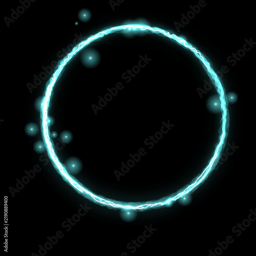 Neon Electric Blue Glowing Circle Frame With Floating Light Particles On A Solid Black Background