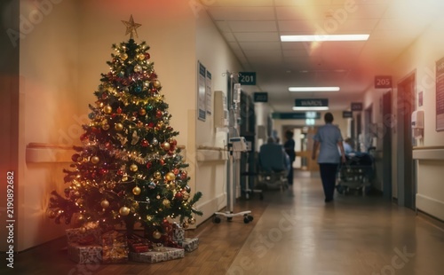 Decorated Christmas tree with festive ornaments and lights in a quiet hospital hallway during the holiday season representing healthcare care and warmth