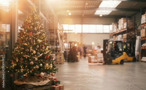 Decorated Christmas tree inside a modern industrial logistics warehouse with forklifts and shelves