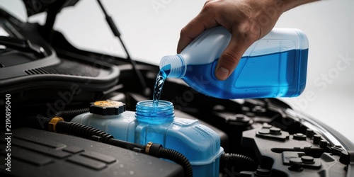 Person pouring blue windshield washer fluid into the reservoir of a car engine compartment for maintenance and repair