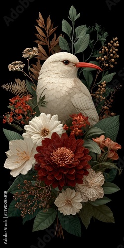 White bird perched amidst a decorative floral arrangement of red and white flowers on a black background