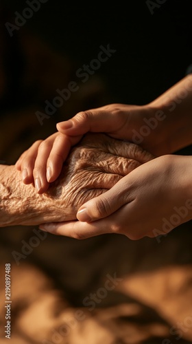 an elderly person and the other to a younger person. The elderly persons skin is a rich brown, and the younger persons nails are painted a soft pink. The hands are clasped together.