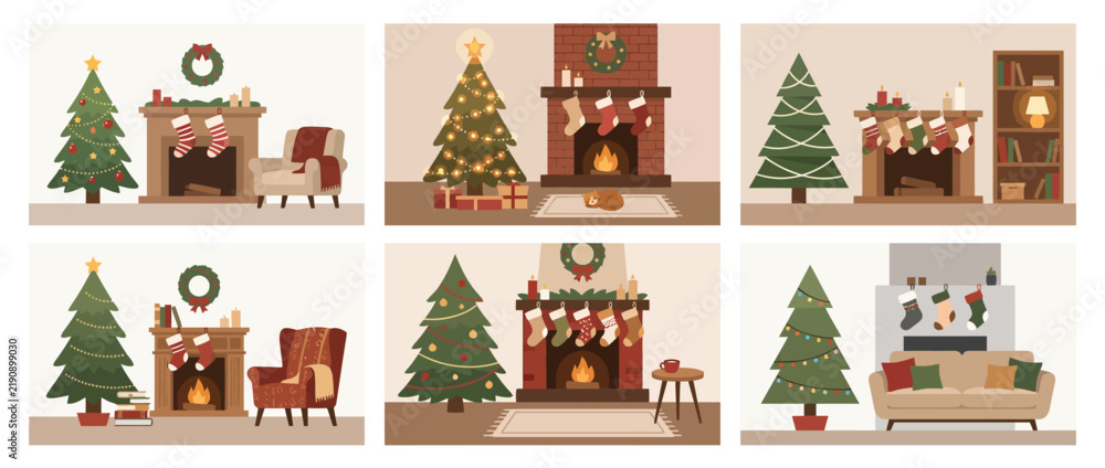 Fototapeta premium Set of Christmas Living Room Interiors with Decorated Fir Trees and Fireplaces