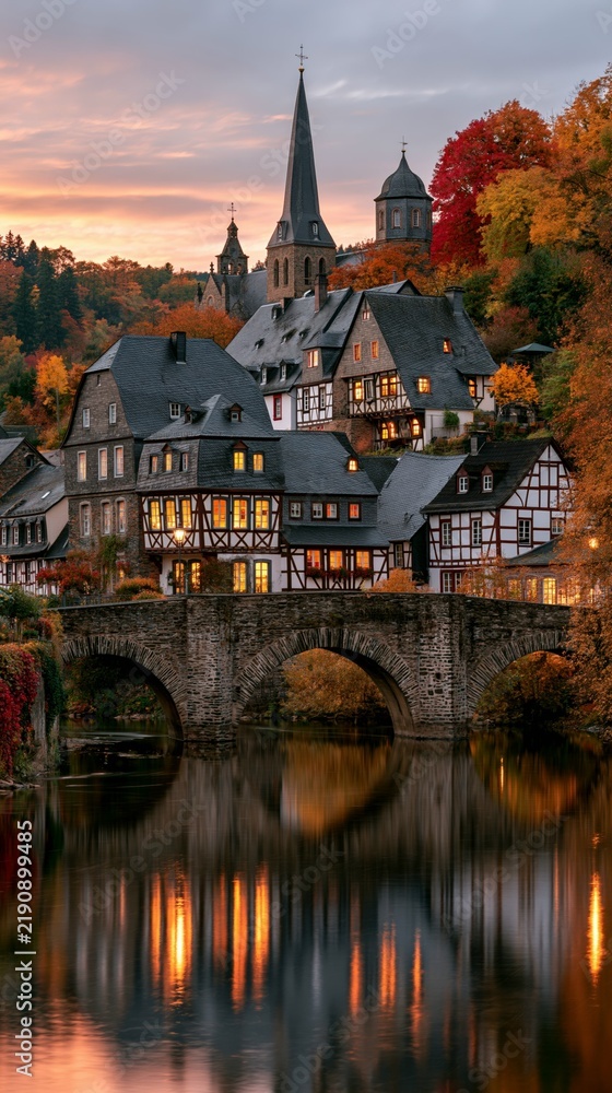 Obraz premium a picturesque European town nestled amidst a forest during autumn. The town features traditional halftimbered houses with dark roofs and white and brown facades, illuminated by warm.