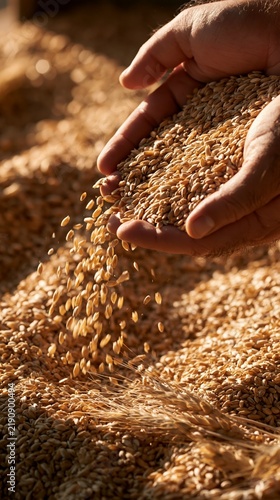 a hand holding a handful of goldenbrown grain grains, illuminated by the warm, golden light of the setting sun. The grain grains are suspended in midair, creating a sense of movement and energy.