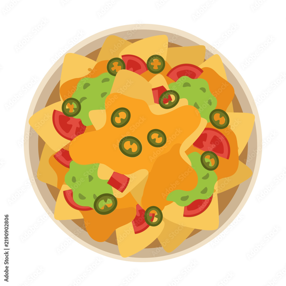 Fototapeta premium Delicious Nachos with Cheese, Guacamole, Tomatoes, and Jalapenos - Top View