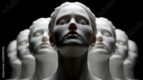 Multiple white mannequin heads arranged in a row against a black background with dramatic lighting