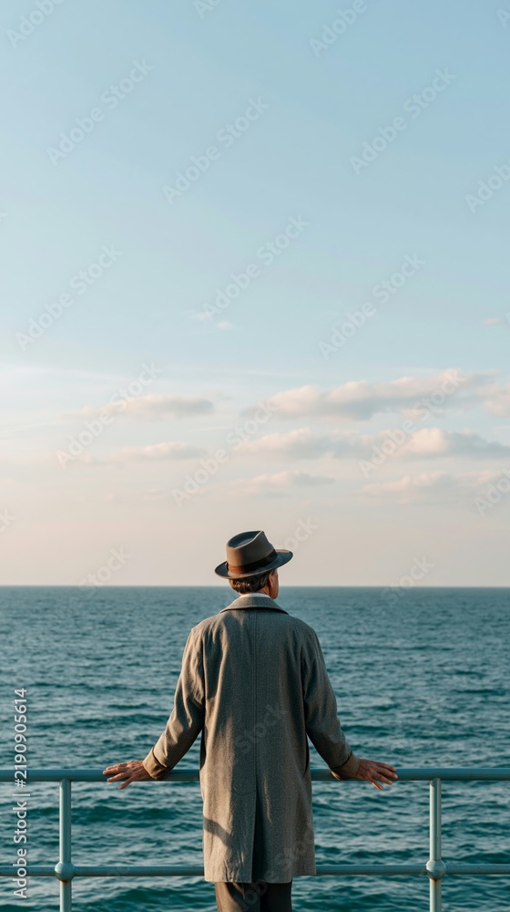 Fototapeta premium a pier, gazing out at the vast expanse of the ocean. He wears a longsleeved gray coat and a widebrimmed hat. His arms are outstretched, as if admiring the view.