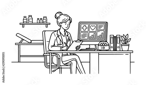 Female Healthcare Professional at Medical Office Black Vector Illustration