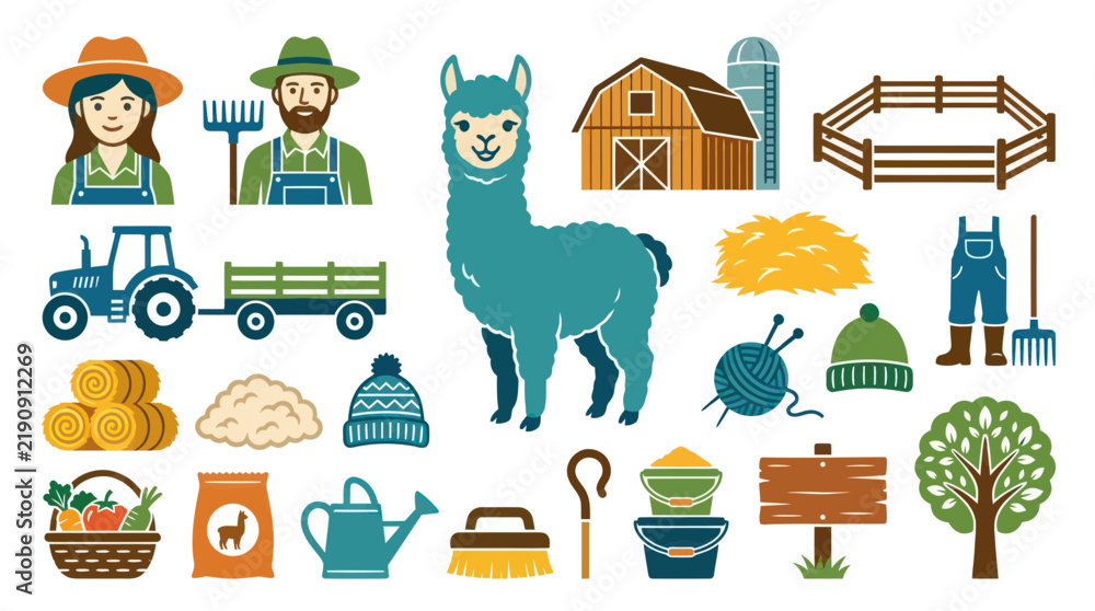 Fototapeta premium Flat Vector Icons of Farming and Agriculture, Including Llama and Tractor