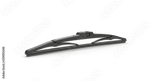 Black windshield wiper blade for automotive vehicle maintenance shown in a studio setting against a clean white background isolated professional