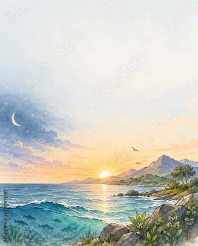 Watercolor illustration of a coastal sunrise with mountains, waves, and a crescent moon
