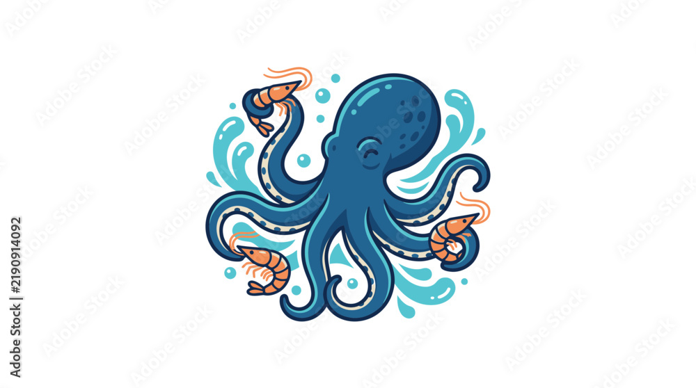 Fototapeta premium Blue octopus surrounded by shrimp and bubbles