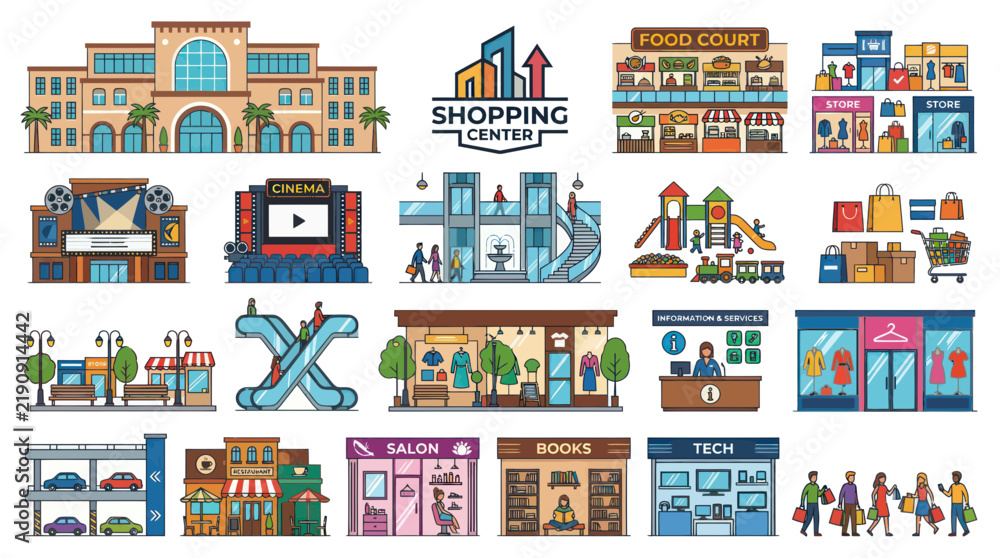 Fototapeta premium Flat vector illustration of shopping center buildings and services, retail concept