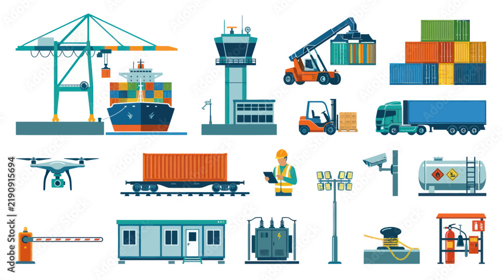 Fototapeta premium Flat Design Logistics and Shipping Icons: Crane, Ship, Forklift, Truck, Drone